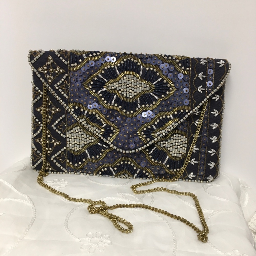 Lulus Beaded Navy and Gold Envelope Crossbody Clutch